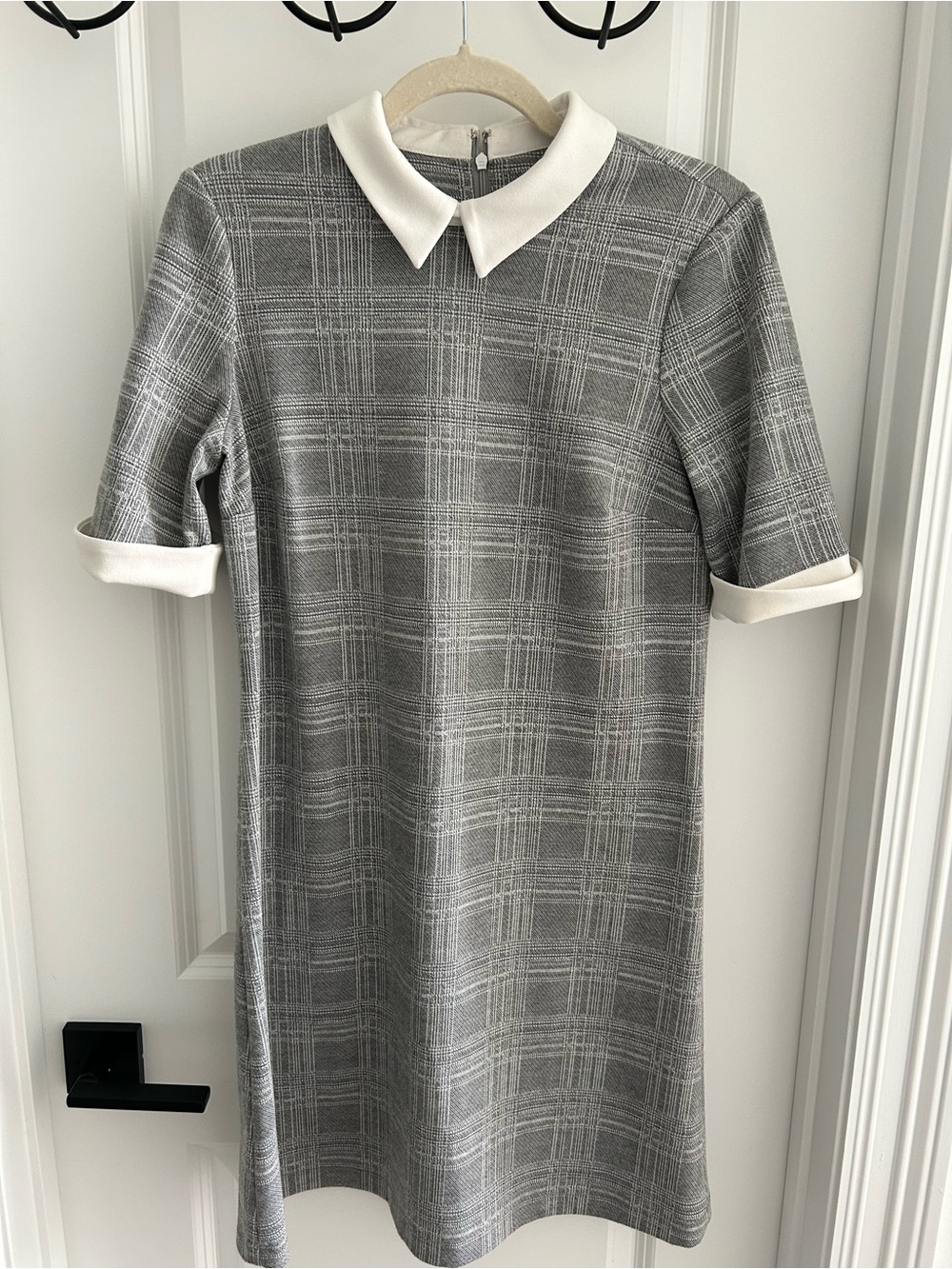 DKNY Gray Plaid Midi Dress with White Peter Pan Collar